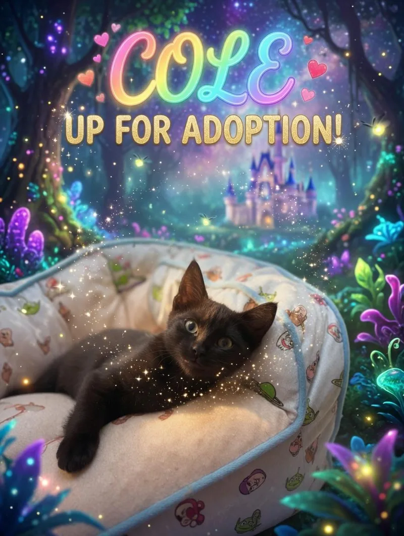 A baby medium-sized male Black Domestic Medium Hair cat named Cole for adoption in Stockton, CA