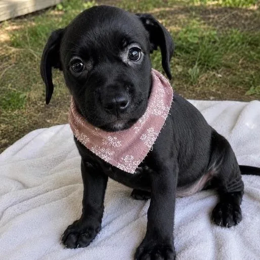 A baby medium-sized female Black Mixed Breed dog named Noir for adoption in Buffalo, MN