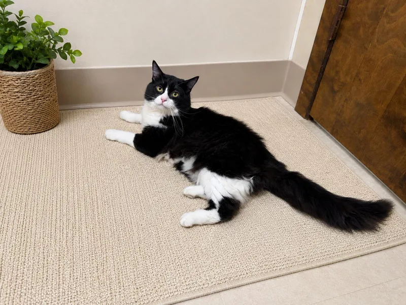 A young medium-sized male Black & White / Tuxedo Domestic Medium Hair cat named Domino for adoption in Seminole, OK