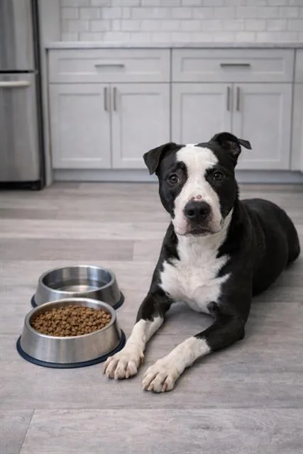 A young medium-sized female Staffordshire Bull Terrier dog named Princess Peach for adoption in Charlotte, NC