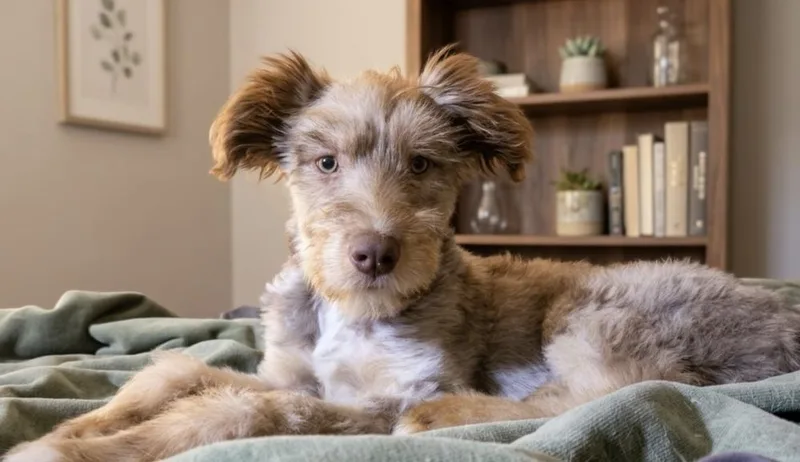 A baby medium-sized male Aussiedoodle dog named Tritan for adoption in Cheektowaga, NY