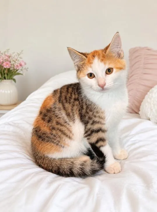 A baby medium-sized female Tabby (Tiger Striped) Calico cat named Clementine for adoption in Greensboro, NC
