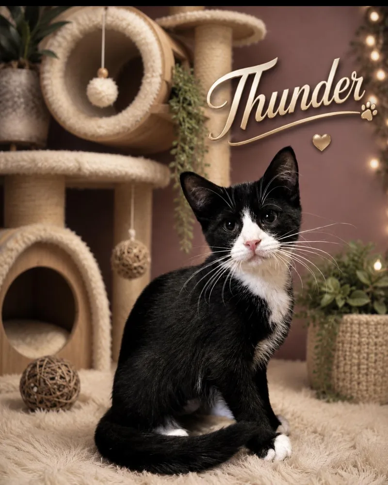 A baby medium-sized female Black & White / Tuxedo Domestic Short Hair cat named Thunder for adoption in West Pittston, PA