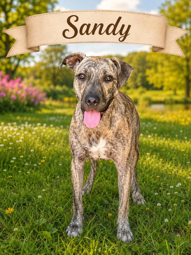 An adult medium-sized female Brindle American Bully dog named Sandy for adoption in Darien, GA