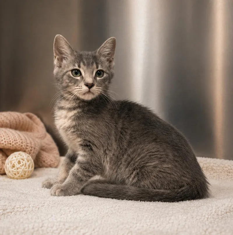 A baby small-sized female Tabby (Gray / Blue / Silver) Domestic Medium Hair cat named Taki for adoption in Lathrop, CA
