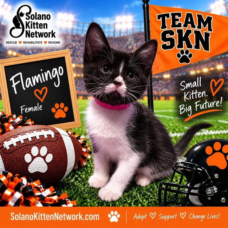 A baby small-sized female Domestic Short Hair cat named Flamingo for adoption in Dixon, CA