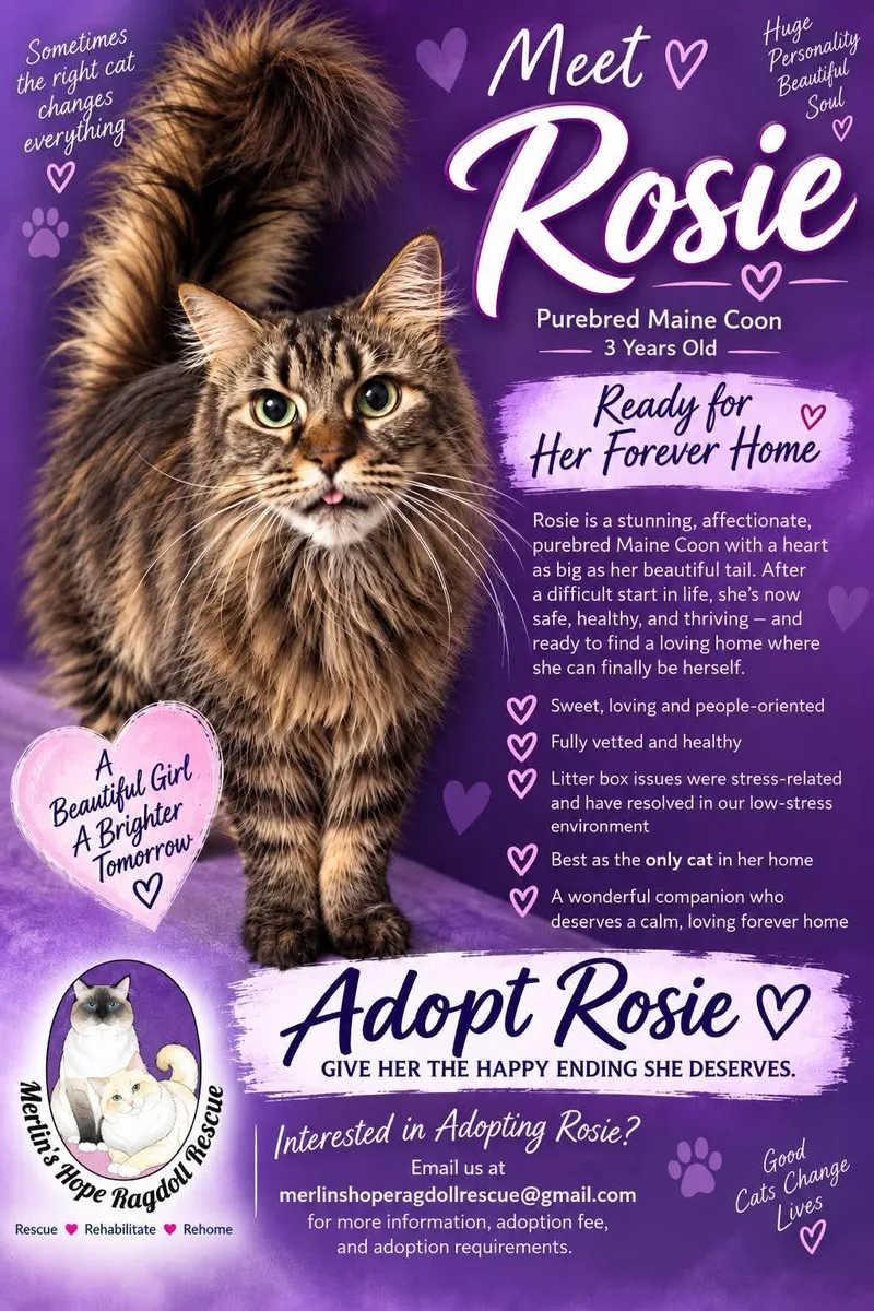 A young medium-sized female Maine Coon cat named Rosie for adoption in Ennis, TX