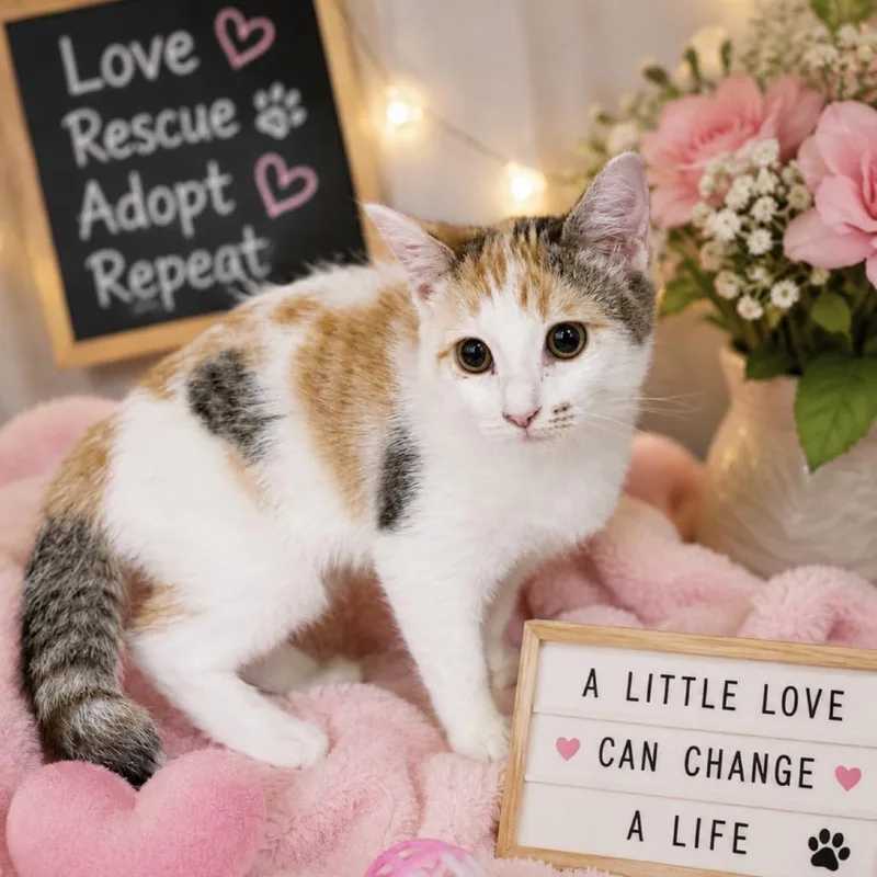 A baby small-sized female Calico Domestic Medium Hair cat named Butter for adoption in Henderson, NV