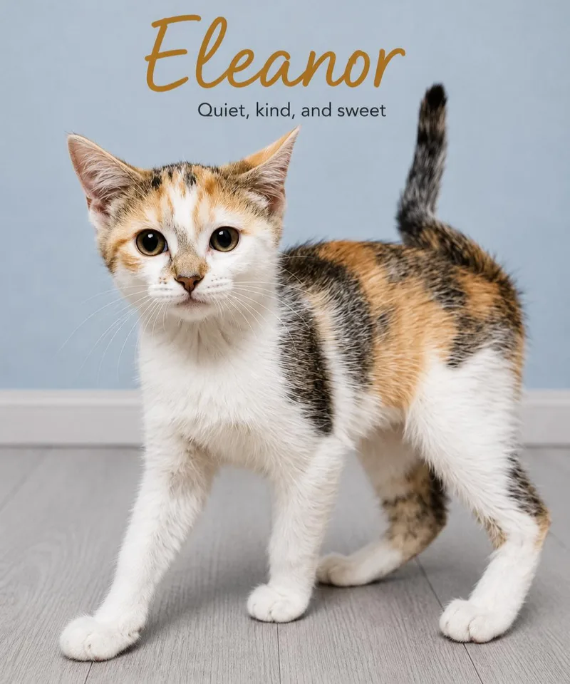 A baby medium-sized female Calico Domestic Short Hair cat named Eleanor for adoption in Quincy, OH
