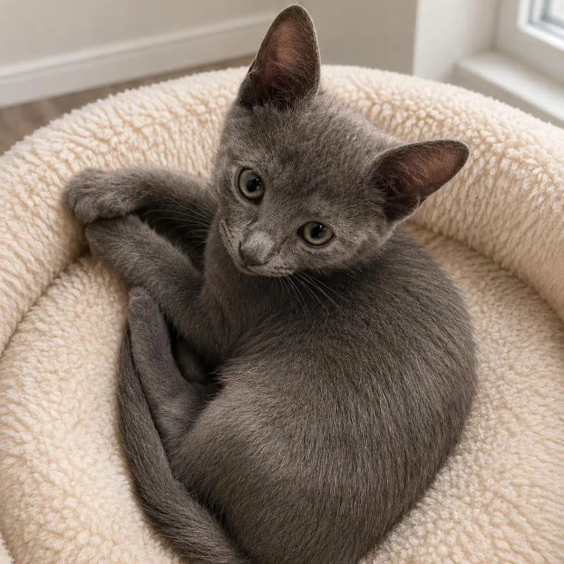 A baby small-sized male Gray / Blue / Silver Russian Blue cat named Dakota for adoption in Tustin, CA