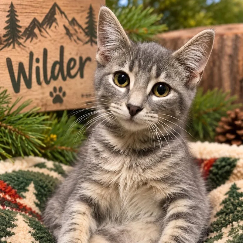A baby small-sized male Gray / Blue / Silver Domestic Short Hair cat named Wilder for adoption in Quincy, OH