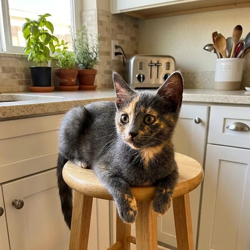 A baby medium-sized female Dilute Tortoiseshell cat named Saffie for adoption in Allen, TX