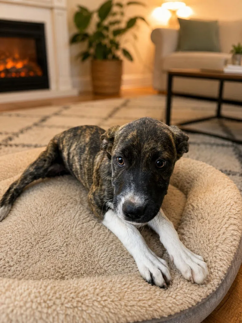 A baby medium-sized female Brindle Plott Hound dog named Lucy for adoption in Wanaque, NJ