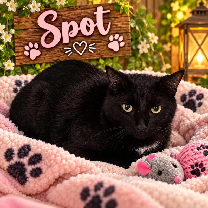 An adult medium-sized female Black American Shorthair cat named Spot for adoption in Greensboro, AL