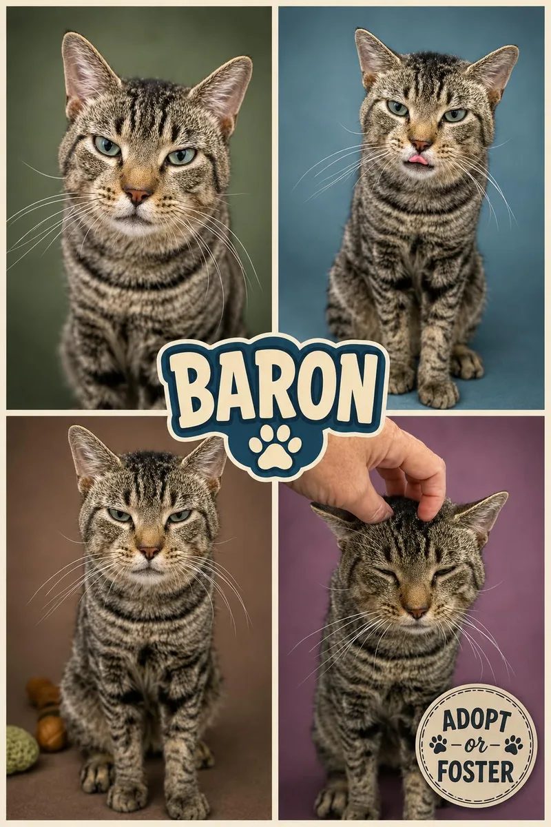 An adult medium-sized male Tabby cat named Baron for adoption in Greenville, DE