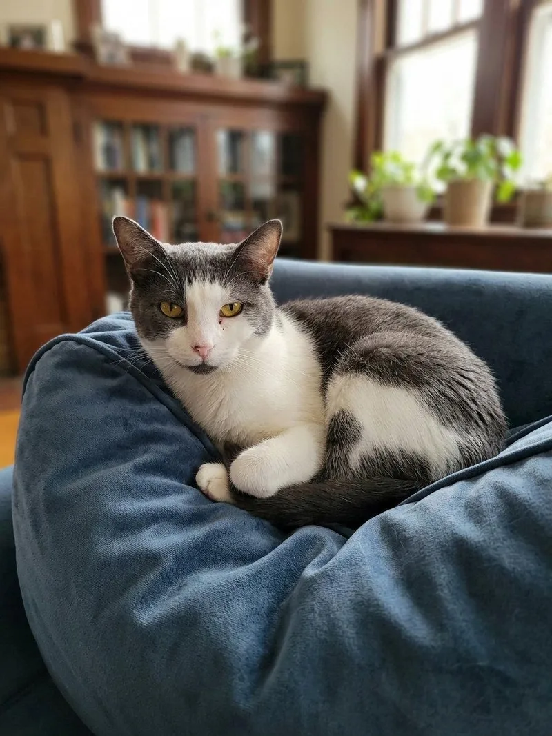 A young medium-sized male Gray & White Domestic Short Hair cat named Justice for adoption in Glendale, AZ