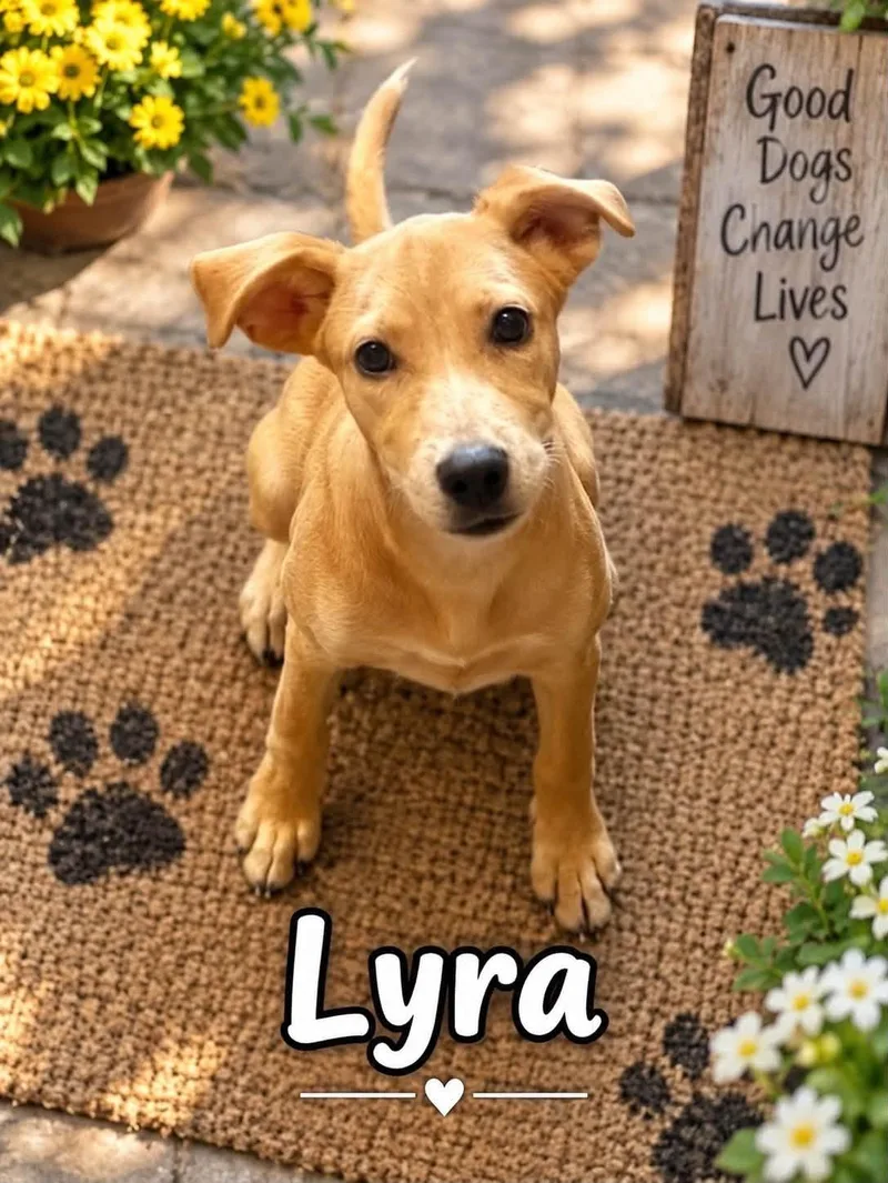 A baby medium-sized female Yellow / Tan / Blond / Fawn Mixed Breed dog named Lyra for adoption in Rock Hill, NY