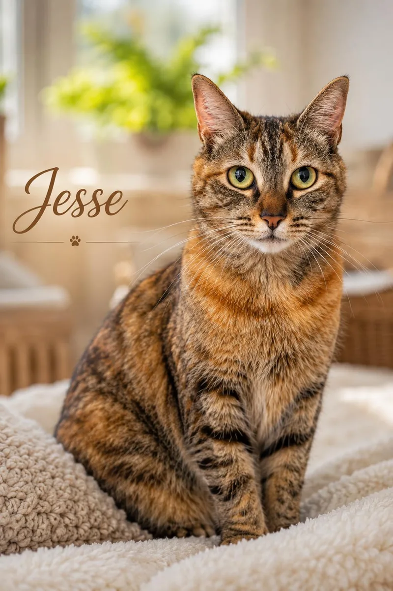 A young medium-sized female Tortoiseshell cat named Jesse for adoption in Greenville, DE