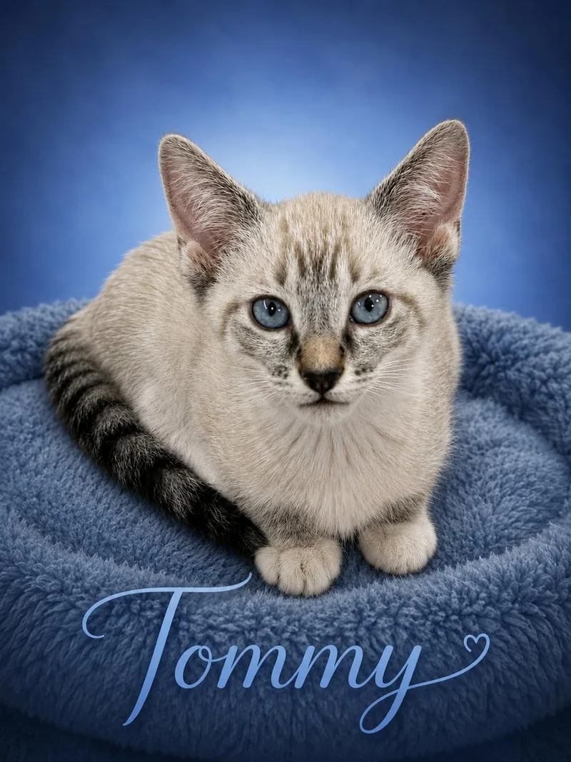 A baby medium-sized male Blue Cream Siamese cat named Tommy  The T for adoption in Spring Branch, TX