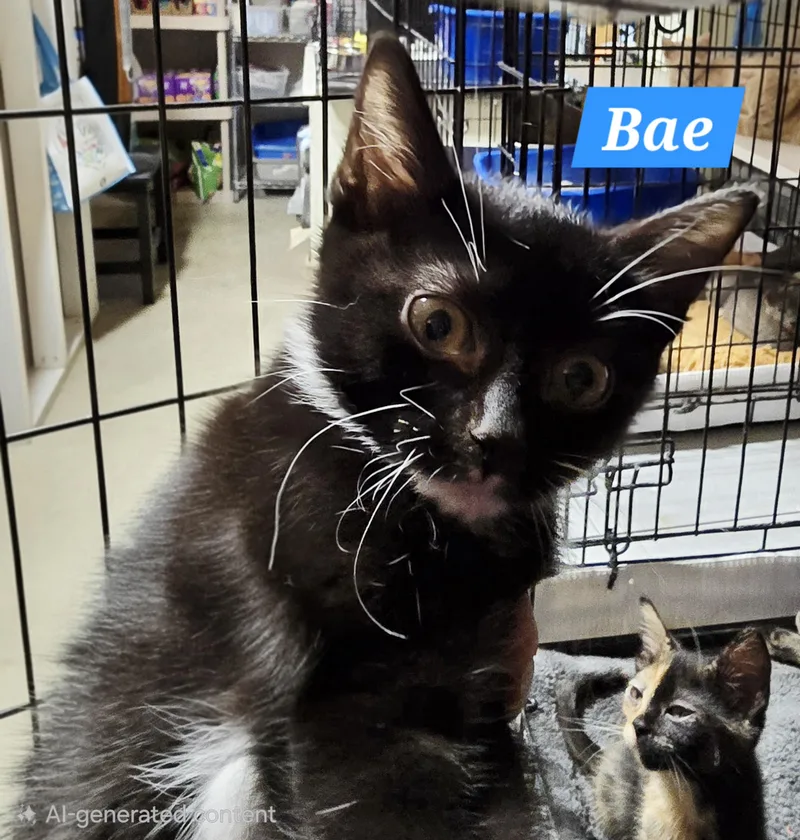 A baby medium-sized male Black & White / Tuxedo Tuxedo cat named Bae for adoption in Buena Vista, VA