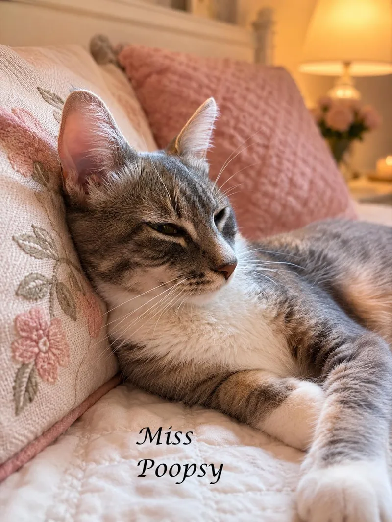 A young medium-sized female Tabby (Gray / Blue / Silver) Tabby cat named Miss Poopsydoo for adoption in Monrovia, CA