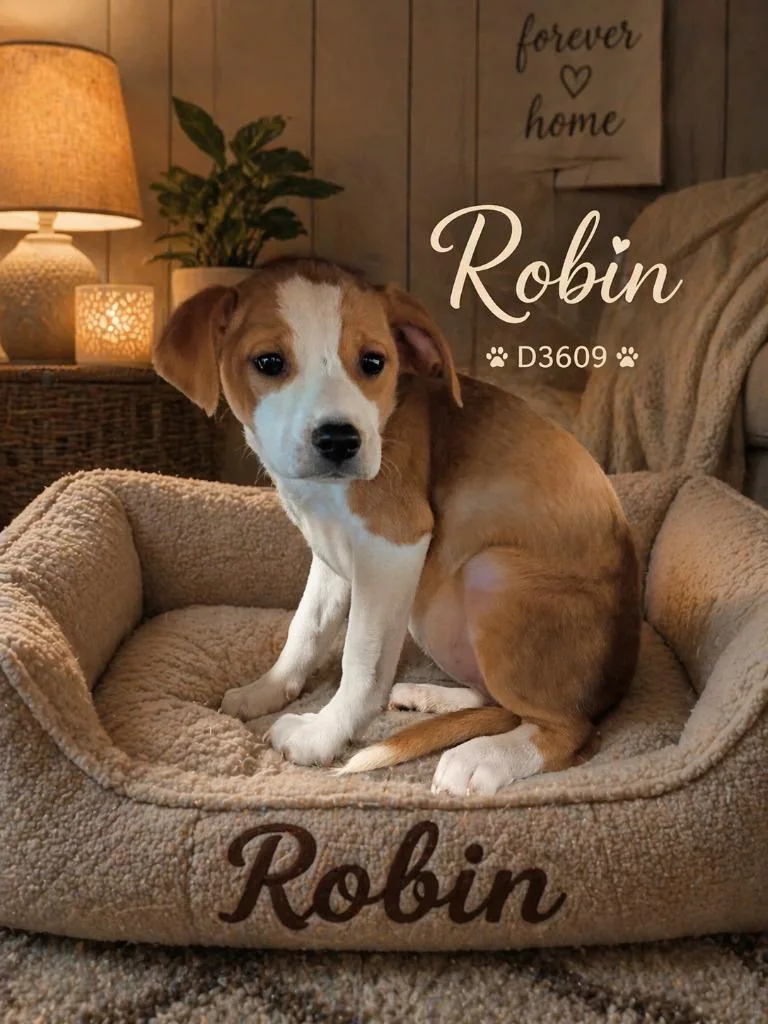 A baby medium-sized female Beagle dog named Robin for adoption in Clarksville, TN