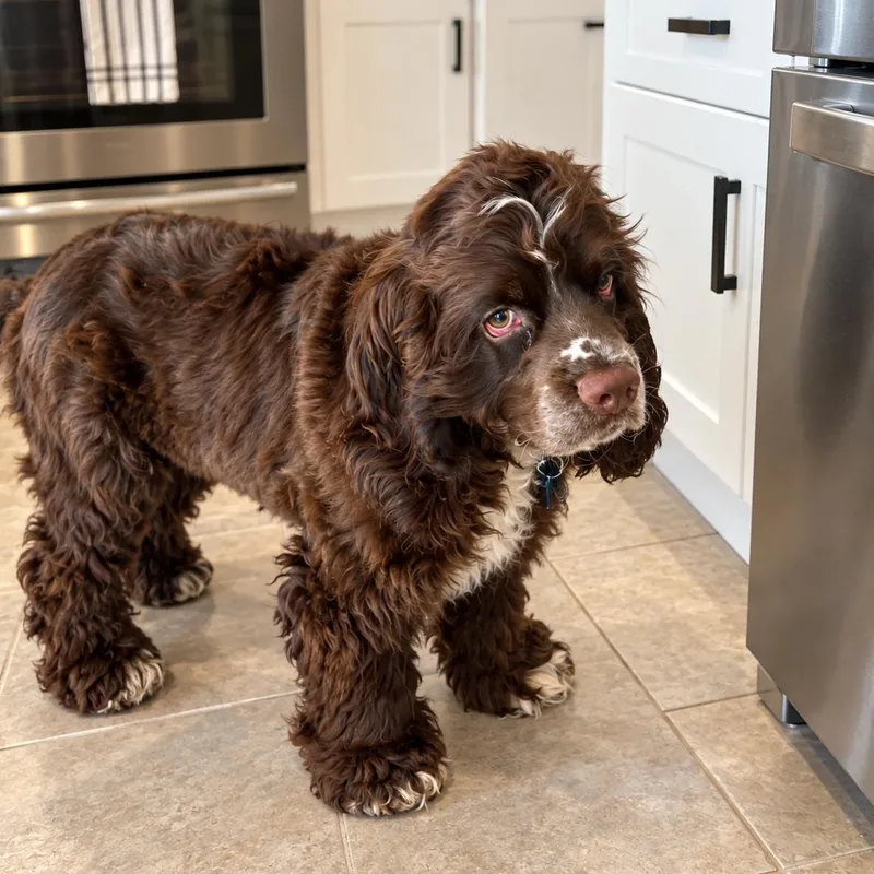 A baby medium-sized male Brown / Chocolate Cocker Spaniel dog named Guinness for adoption in Baytown, TX