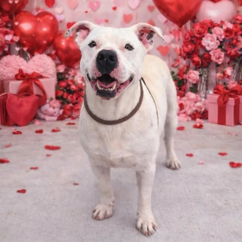 An adult large-sized male White / Cream Pit Bull Terrier dog named Pan for adoption in Justin, TX