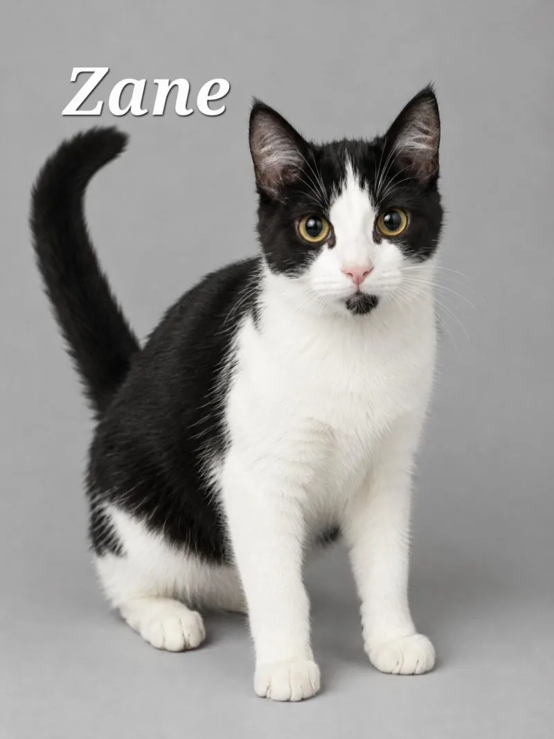 A baby medium-sized male Tuxedo cat named Zane for adoption in Cranberry Township, PA