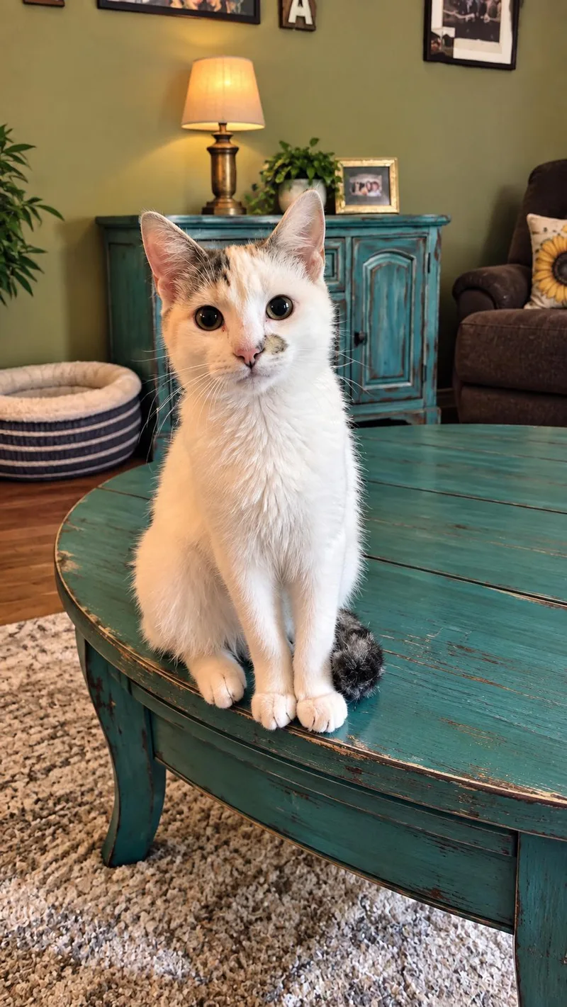 A young medium-sized female White Domestic Short Hair cat named Smudge for adoption in Logan, OH
