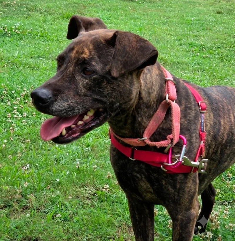 An adult medium-sized female Brindle Tennessee Treeing Brindle dog named Raylee for adoption in Roswell, GA