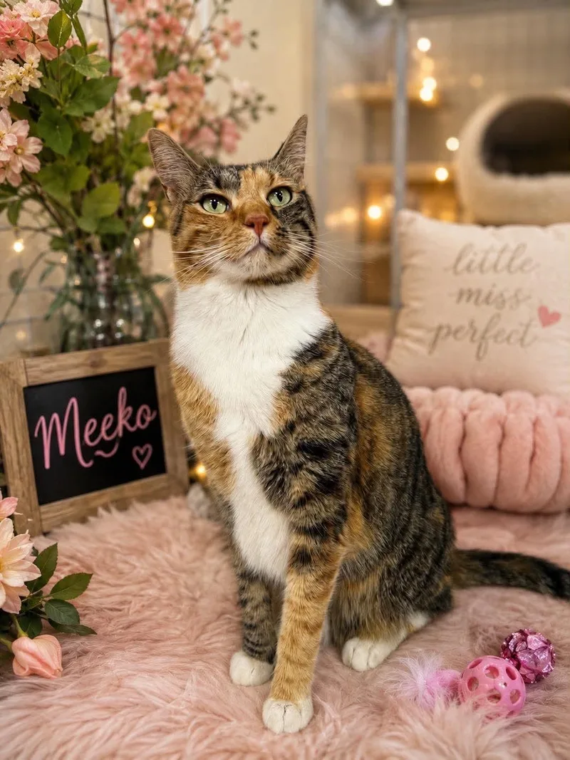 A young large-sized female Calico Domestic Short Hair cat named Meeko for adoption in Tavares, FL