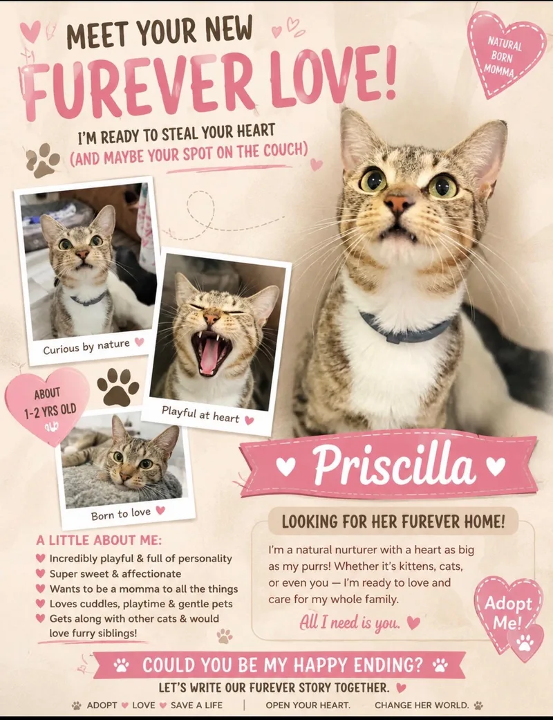 A young medium-sized female Tabby (Buff / Tan / Fawn) Domestic Short Hair cat named Priscilla for adoption in Beaufort, SC