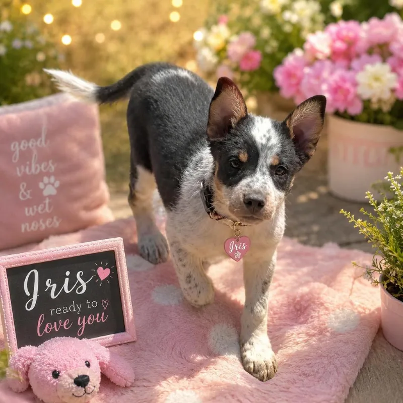 A baby small-sized female Black Australian Cattle Dog / Blue Heeler dog named Iris for adoption in Phoenix, AZ