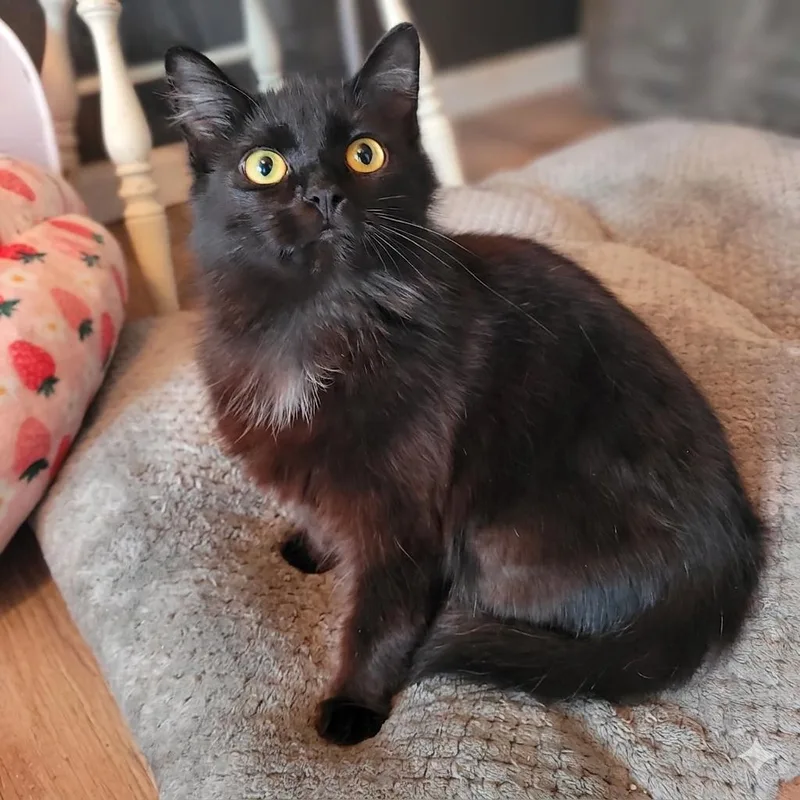 A young small-sized female Black Domestic Long Hair cat named Slim Chickens for adoption in Indianapolis, IN
