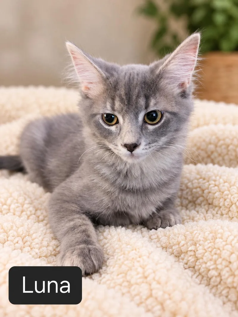 A baby small-sized female Gray / Blue / Silver Domestic Short Hair cat named Miss Luna for adoption in Kansas City, MO
