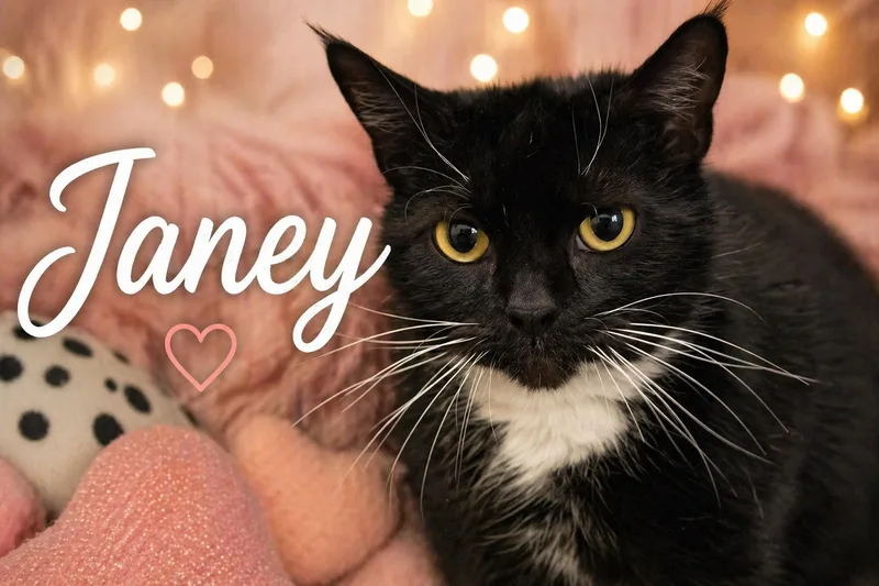 A young medium-sized female Tuxedo cat named Janey for adoption in Greenville, DE