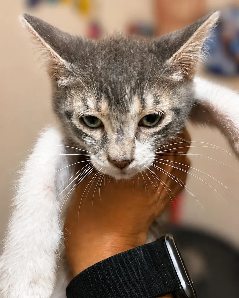 A baby medium-sized female Gray & White Domestic Short Hair cat named Misty for adoption in Fresno, CA