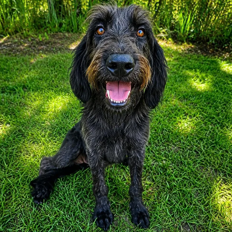 An adult medium-sized male Black Labradoodle dog named Calvin for adoption in Foley, AL