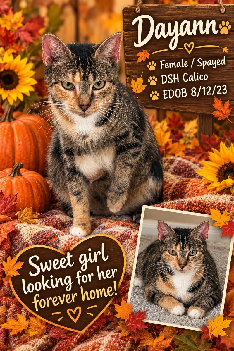 An adult medium-sized female Calico Domestic Short Hair cat named Dayann ORT for adoption in Missouri City, TX