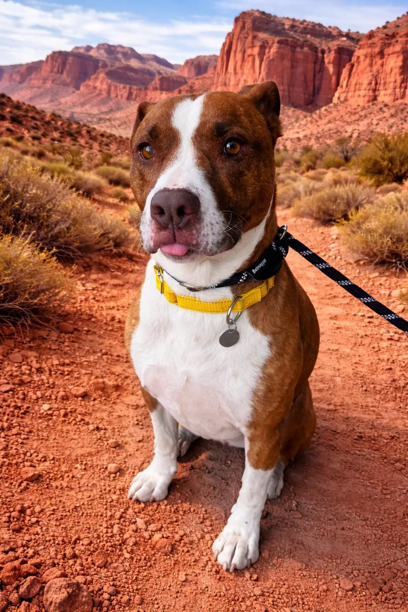 An adult medium-sized male American Bully dog named Dino for adoption in Torrey, UT