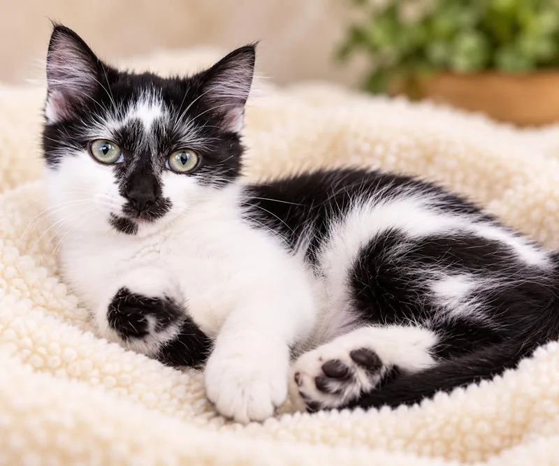 A baby small-sized female Black & White / Tuxedo Domestic Short Hair cat named Miss Kyle for adoption in Kansas City, MO