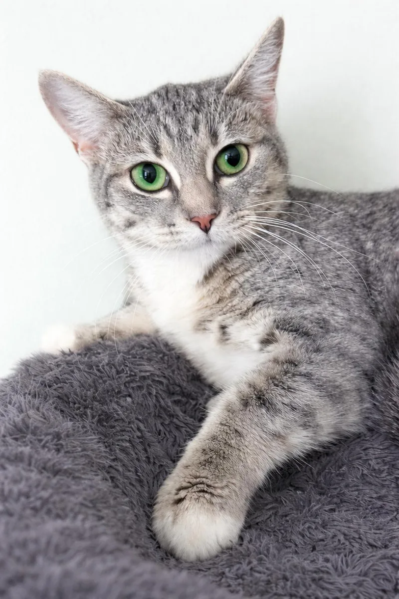 A young medium-sized female Tabby (Gray / Blue / Silver) Domestic Short Hair cat named March for adoption in Greensboro, NC
