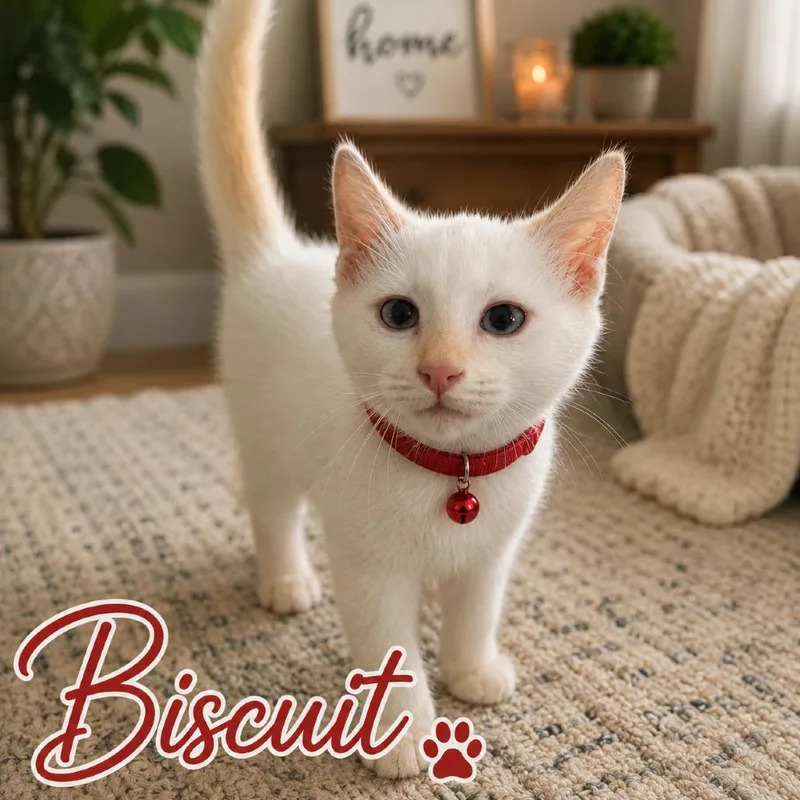 A baby small-sized male White Domestic Short Hair cat named Biscuit for adoption in Inman, SC