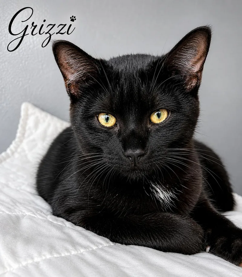 A baby medium-sized male Black Domestic Short Hair cat named Grizzi for adoption in Greenville, DE