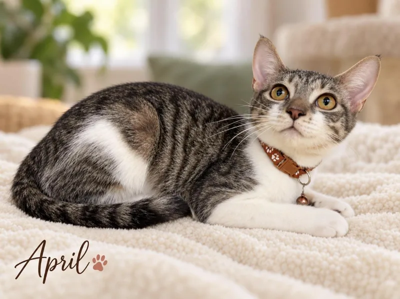 A baby medium-sized female White Domestic Short Hair cat named April for adoption in Pawleys Island, SC