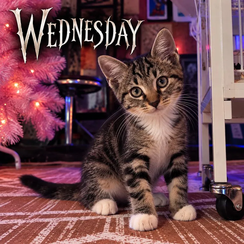 A baby medium-sized female Tabby (Brown / Chocolate) Domestic Short Hair cat named Wednesday for adoption in Clinton Township, MI