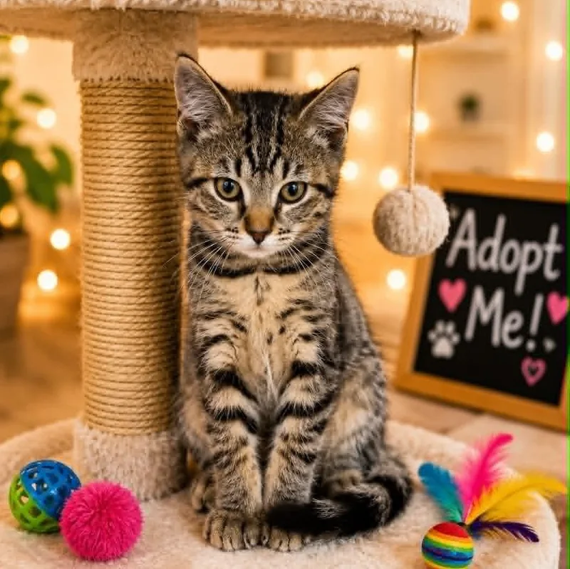 A baby small-sized male Tabby (Brown / Chocolate) Tabby cat named Koa for adoption in Antioch, CA