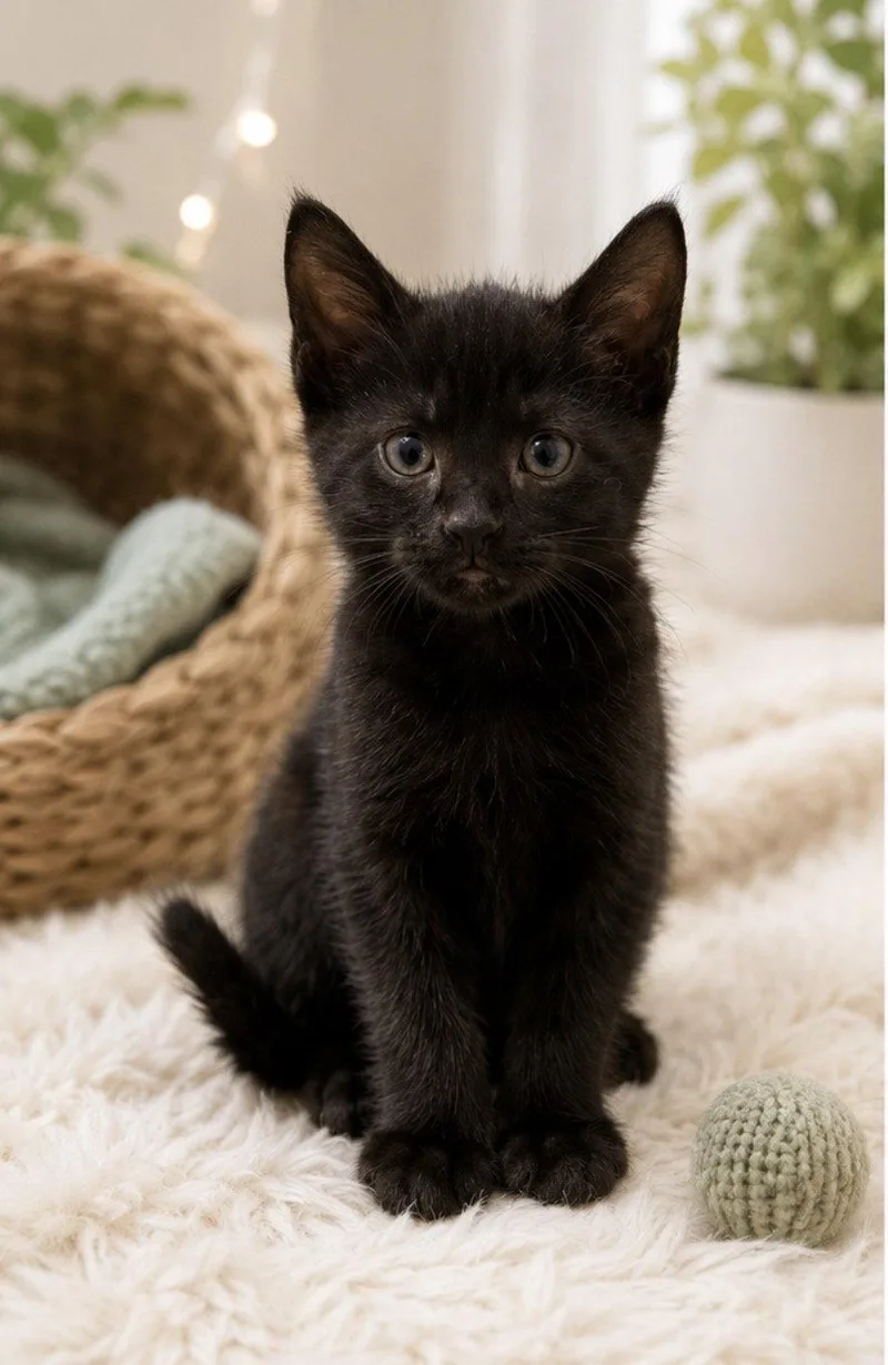 A baby medium-sized male Black Domestic Short Hair cat named Chamomile for adoption in Nashville, TN