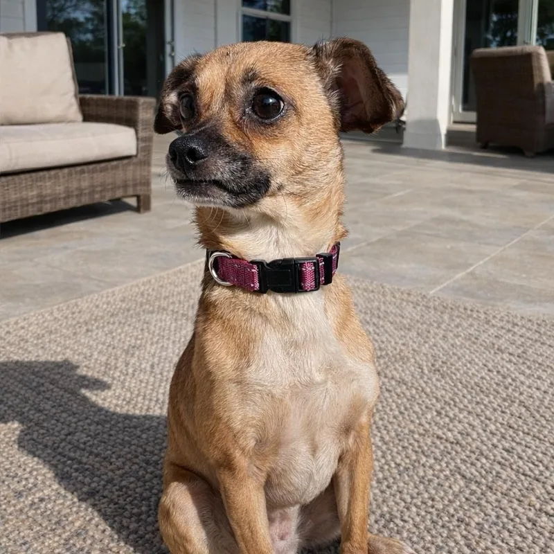 A young small-sized female Apricot / Beige Chug dog named Trixie for adoption in Crosby, TX